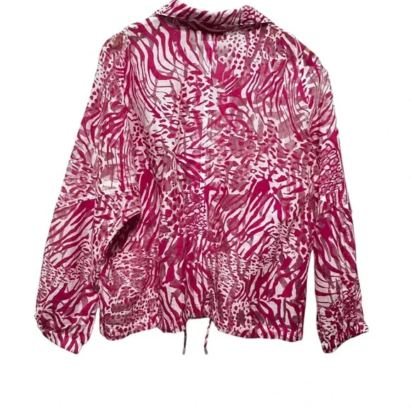 Chicos 3 Womens Sheer Zip Jacket XL Pink White Animal Print Drawstring Boho Chic - Picture 2 of 13
